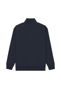 Donkerblauw pulloverjack met hoge kraag, lange mouwen en geribbelde zoom. Glad materiaal zonder zichtbare logo's of patronen.