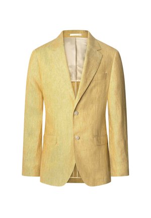 Light yellow blazer made of textured fabric. Features two buttons, notched lapels, and a single chest pocket. Lined interior.