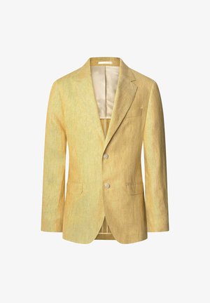 Light yellow blazer made of textured fabric. Features two buttons, notched lapels, and a single chest pocket. Lined interior.