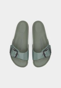 Ζευγάρι ανοιχτοπράσινων σανδαλιών Birkenstock με ένα ρυθμιζόμενο λουράκι και μεταλλικές αγκράφες σε λευκό φόντο.