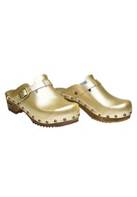 Zoccoli metallici dorati con punta arrotondata, cinturino regolabile con fibbia e borchie decorative lungo la suola. Suola in gomma texturizzata.