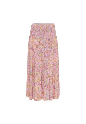 Jupe maxi avec taille élastique, couleur de base rose et motif floral dans les tons orange, jaune et vert.