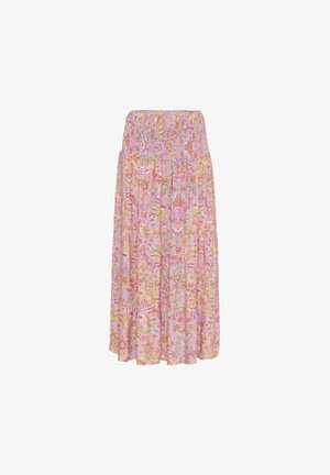 Jupe maxi avec taille élastique, couleur de base rose et motif floral dans les tons orange, jaune et vert.