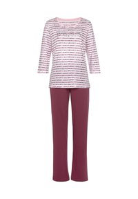 Striped pajama set with a pink and white top featuring a scoop neck and three-quarter sleeves, paired with solid maroon trousers.