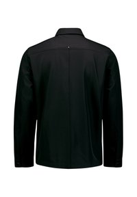 Zwarte lange mouw jas met kraag, knoopmanchetten en een enkele decoratieve knop in het midden van de bovenrug.