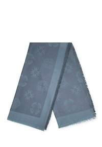 Sciarpa di un blu scuro con texture, adornata da motivi ricercati in rilievo e bordi frangiati. Materiale liscio con una leggera lucentezza e bordi più chiari in contrasto.