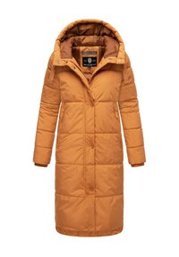 Lange, gevoerde jas in oranje met een capuchon, voorzien van een voorkeursrits, drukknoopsluitingen en zijzakken. Geweven stof met een quiltpatroon.