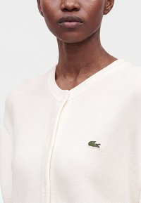 Gros plan d'une personne portant une chemise blanche boutonnée avec un petit logo crocodile vert sur le côté gauche de la poitrine.