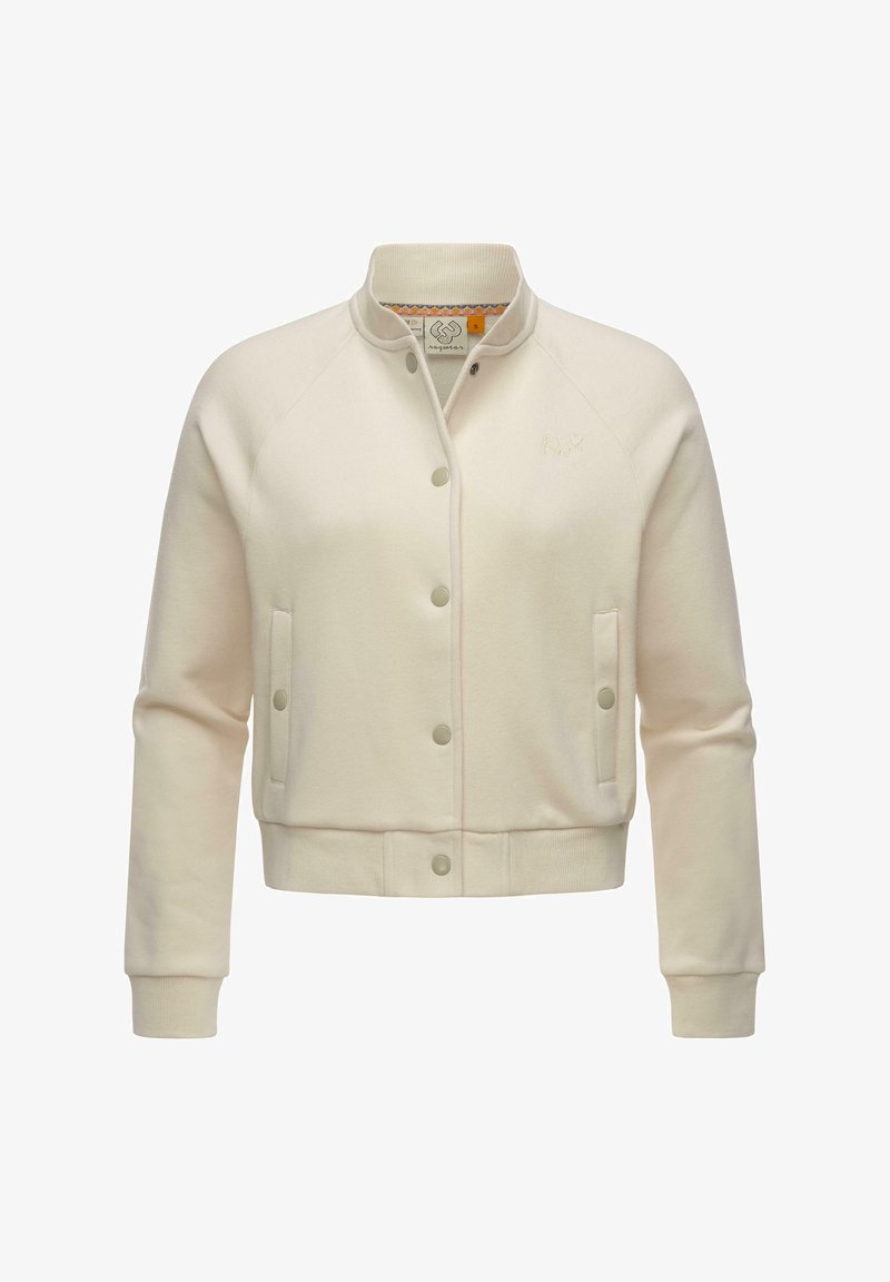 Light cream bomber jacket in soft fabric, featuring a ribbed collar, snap buttons, and two side pockets, with a subtle logo detail.