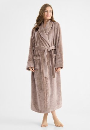 Long, plush bathrobe in soft taupe, featuring a shawl collar, belted waist, and two front pockets, finished with stitched detailing on sleeves.