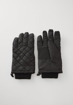 Mănuși negre matlasate cu un design căptușit, mansete din tricot ribetat și o textură netedă. Mănușa stângă are detalii suplimentare dintr-un patch negru.