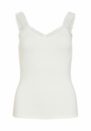 Balta sieviešu topiņa bez piedurknēm ar mežģīņu apdari gar izgriezumu un plecu siksnām, pieguloša silueta.