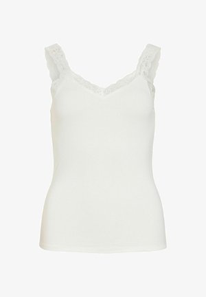 Hvid ærmeløs top til kvinder med blondestrimle langs halsudskæringen og skulderstropperne, figursyet silhuet.