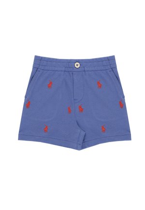 Pantaloncini blu con chiusura a bottone e motivi ricamati rossi di cavallo e cavaliere sparsi sul tessuto.