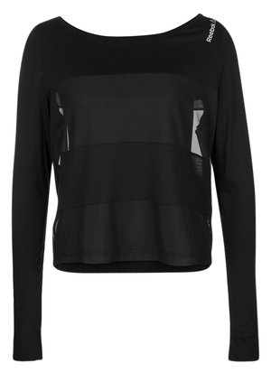 Schwarzes langärmliges Reebok-Shirt mit durchsichtigen horizontalen Mesh-Einsätzen und Rundhalsausschnitt. Reebok-Logo auf der linken Schulter.