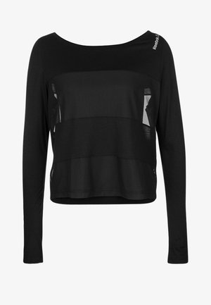 Schwarzes langärmliges Reebok-Shirt mit durchsichtigen horizontalen Mesh-Einsätzen und Rundhalsausschnitt. Reebok-Logo auf der linken Schulter.