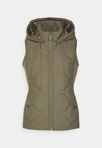 Oliwkowa pikowana kamizelka bez rękawów z kapturem, suwakiem z przodu i ściągaczami; posiada zaokrąglone wzory oraz boczne zatrzaski.