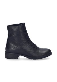 Botas de cuero negro hasta el tobillo con un acabado texturizado, punta redonda, cordones en la parte frontal, tacón bajo tipo bloque y sutil detalle de logo en el costado.