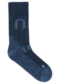 Dunkelblaue Socke aus einem strukturierten Strickmaterial, mit einem helleren blauen Logo und Musterakzenten am Bein und Fuß.