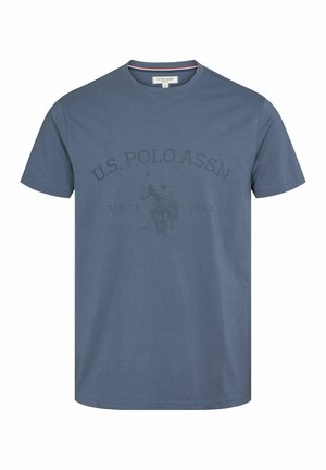 T-paita lyhythihainen, pyöreällä kauluksella, tummansinistä puuvillaa, jossa on näyttävä tummanvärinen painatus polo-pelaajasta ja teksti "U.S. POLO ASSN. SINCE 1890."