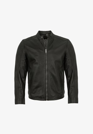 Schwarze Lederjacke mit Stehkragen, frontale Reißverschlussöffnung und langen Ärmeln. Glatte Textur mit minimalen Nähdetails.