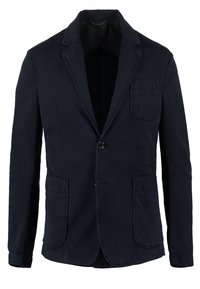 Blazer in cotone blu navy con un solo bottone, rever a punta, due tasche frontali e una tasca sul petto; texture liscia e vestibilità su misura.