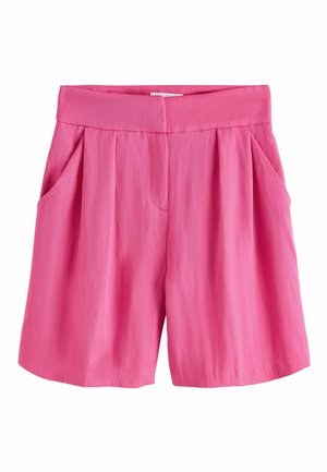 Różowe szorty z wysokim stanem, z przodu z zakładkami, bocznymi kieszeniami oraz ukrytym przednim zapięciem, wykonane z lekkiego materiału.