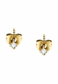 Goldfarbene Steckerohrringe mit einem gebogenen Design und einem quadratisch geschliffenen, klaren Edelstein, der an einem Stift befestigt ist.