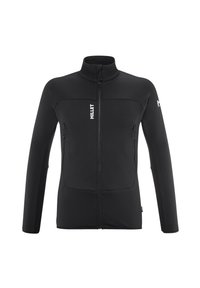 Veste noire à zip intégral avec col montant, deux poches avant zippées et logo Millet sur la poitrine et la manche gauche.