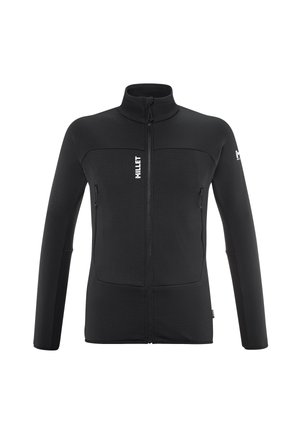 Schwarze Jacke mit durchgehendem Reißverschluss, hohem Kragen, zwei vorderen Reißverschlusstaschen und Millet-Logo auf der Brust und dem linken Ärmel.