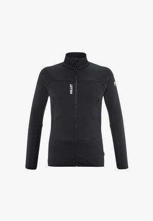 Veste noire à zip intégral avec col montant, deux poches avant zippées et logo Millet sur la poitrine et la manche gauche.