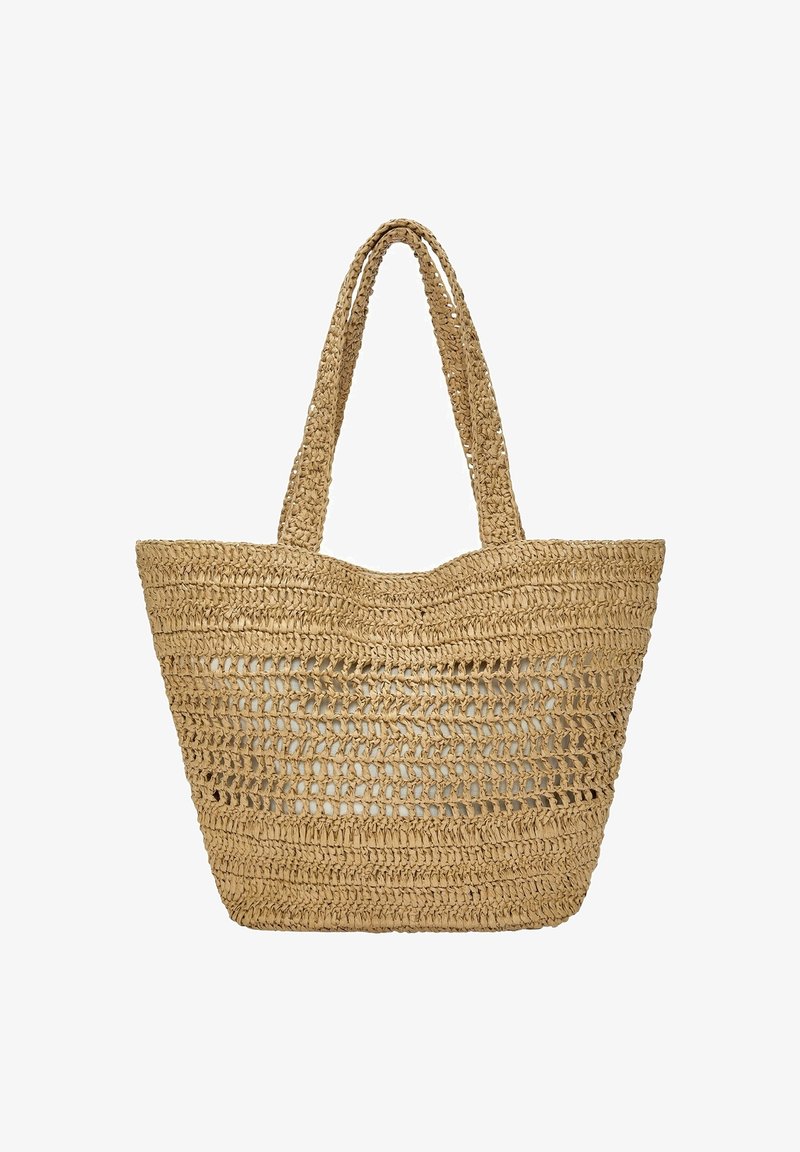 Grand sac cabas en paille tressée beige avec deux longues anses et un motif ouvert et aéré dans la partie centrale.