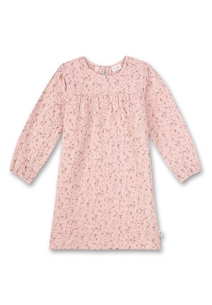 Różowa dziecięca sukienka z długim rękawem z drobnym kwiatowym nadrukiem, okrągłym dekoltem oraz marszczeniem na piersi i mankietach.