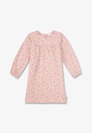 Różowa dziecięca sukienka z długim rękawem z drobnym kwiatowym nadrukiem, okrągłym dekoltem oraz marszczeniem na piersi i mankietach.