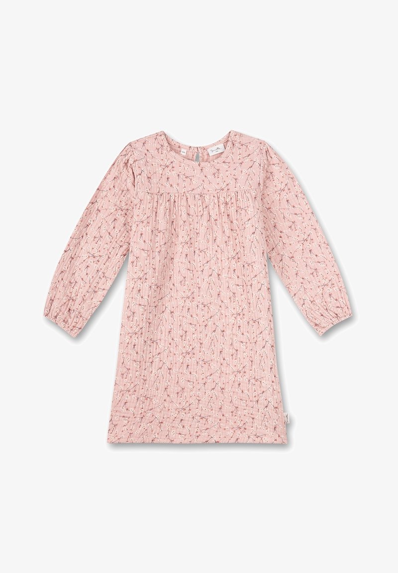 Robe rose à manches longues pour enfants, imprimé floral délicat, col rond, avec des fronces sur la poitrine et aux poignets.