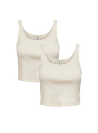 Two ivory tank tops made of ribbed fabric, featuring wide straps and a cropped hem. Simple design with no visible patterns or accents.