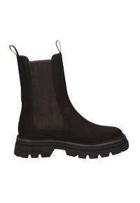 Brown leather Chelsea boot with elastic side panels, textured fabric accents, pull tabs, and rugged rubber sole.