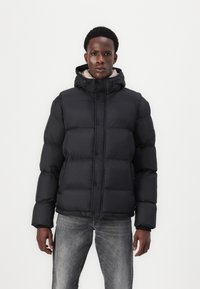 Black puffer jacket with horizontal stitching, stand-up collar, and hood. Smooth, water-resistant fabric with front buttons and side pockets.