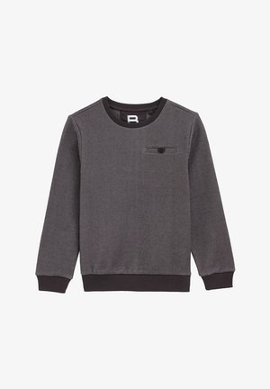 Grijze sweatshirt met lange mouwen van een textuurstof, ronde halslijn, zwarte belegging bij de mouwen en onderkant, met een klein zakje op de borst.