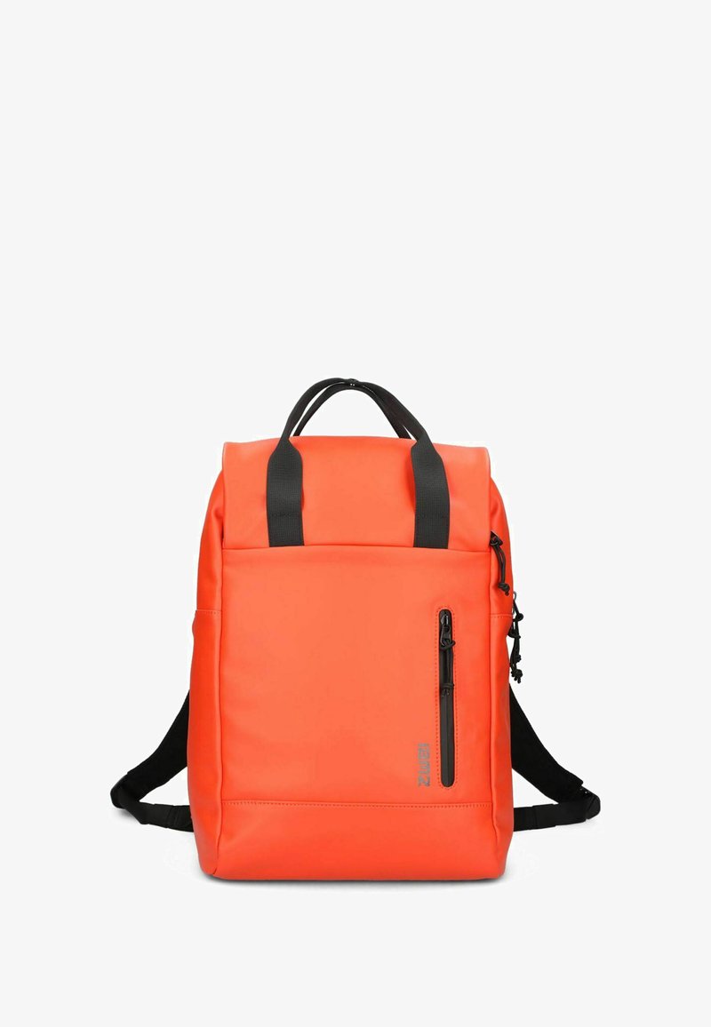 Orange backpack with a matte finish, featuring a front zippered pocket, black straps, and a roll-top design. Minimalist and functional.