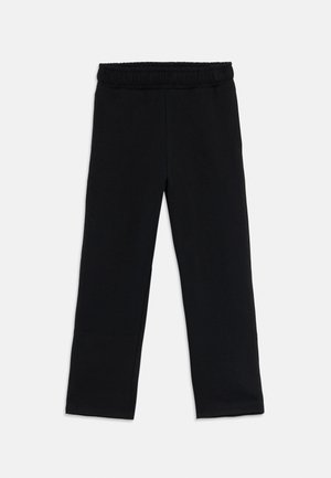 Svarte elastiske bukser med rett ben som ligger flatt mot en hvit bakgrunn.