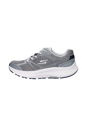Zapatilla deportiva para hombre de color gris y blanco con parte superior de malla, cierre de cordones y suela acolchada con la etiqueta "GORUN."