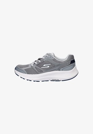 Grauer und weißer Herren-Athletik-Laufschuh mit Mesh-Obermaterial, Schnürverschluss und gepolsterter Sohle mit der Aufschrift "GORUN."