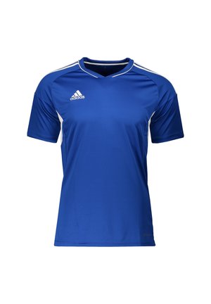Blauw sportshirt met korte mouwen, gemaakt van lichte stof, met witte accenten en een Adidas-logo op de linkerborst.