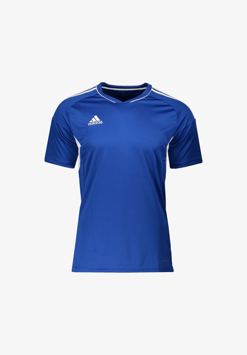 Maglia sportiva blu con maniche corte, realizzata in tessuto leggero, caratterizzata da dettagli bianchi e dal logo Adidas sul lato sinistro del petto.