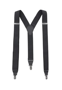 Czarne elastyczne szelki w wzór w jodełkę, z regulowanymi klipsami i wyściółką na ramionach dla wygody. Trwała, teksturowana konstrukcja z materiału.