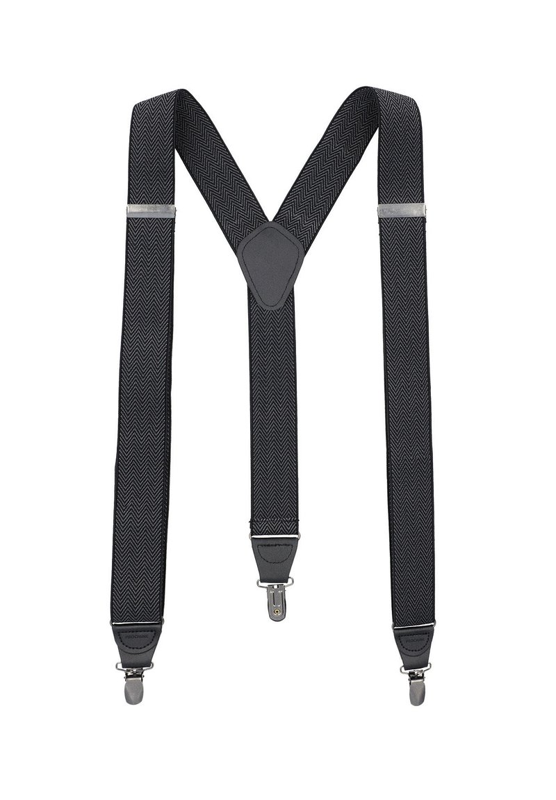 Czarne elastyczne szelki w wzór w jodełkę, z regulowanymi klipsami i wyściółką na ramionach dla wygody. Trwała, teksturowana konstrukcja z materiału.