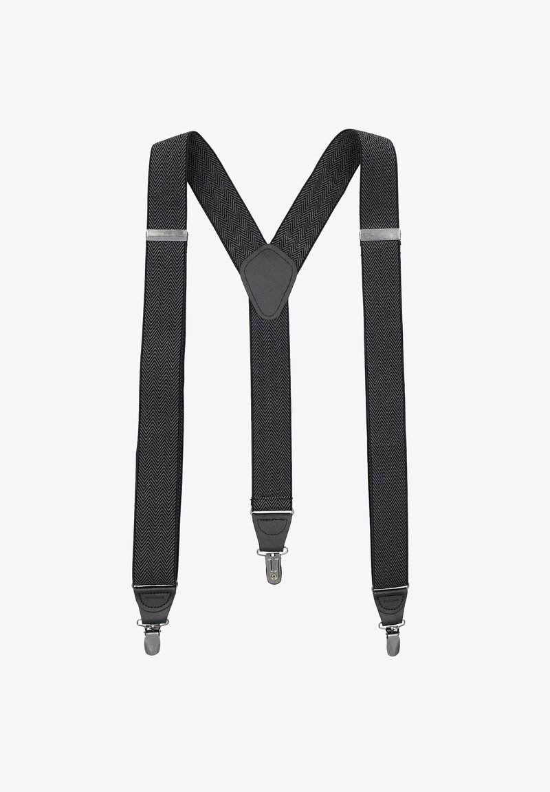 Czarne elastyczne szelki w wzór w jodełkę, z regulowanymi klipsami i wyściółką na ramionach dla wygody. Trwała, teksturowana konstrukcja z materiału.