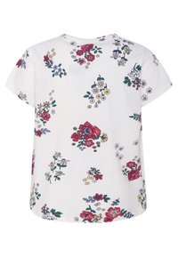 White short-sleeve shirt with scattered red, yellow, purple, and green floral patterns on the back.