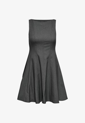 Ärmlös mörkgrå A-linje klänning med en figursydd överdel och utsvängd kjol, med subtila vertikala sömdetaljer.